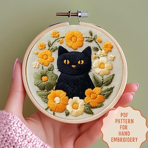面白い黒猫の手刺繍パターン、初心者向け、印刷可能な刺繍、デジタルステッチファイル、刺繍愛好家のための DIY クラフト