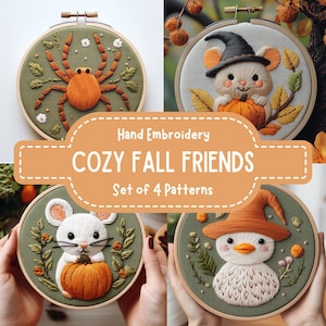 Fall embroidery patterns, Woodland embroidery, Autumn bundle, Fall friends, Spider embroidery, pumpkin embroidery pattern, embroidery design