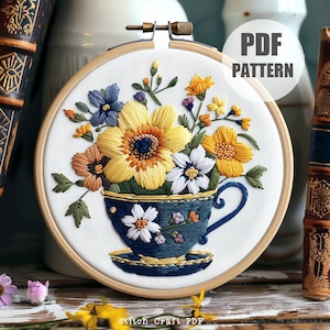 花の刺繍入りティーカップのテンプレート、即時ダウンロード、ティーカップの刺繍、フープアート、ティー刺繍、お茶好きの方へのギフト、手作りギフト