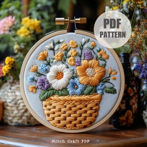 花柄バスケット手刺繍パターン、バスケット手刺繍パターン、花柄手刺繍、花のデザイン、花柄刺繍、フープアート