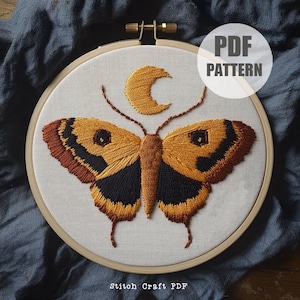 Luna Moth Embroidery Pattern PDF, Digital file, Hand Embroidery Pattern, Embroidery PDF, autumn Embroidery Pattern, Witchy Magic, Stars Moon