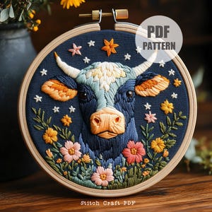 Floral Cow Hand Embroidery Pattern,Fun Animal Embroidery Design, Cute Cottage Embroidery, PDF Template, Line Work for Stitching, farm animal