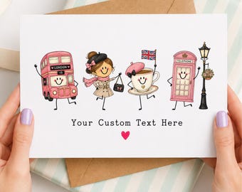 London Girly Greeting Card British Souvenir Custom Text Red Bus Teacup Trench Coat Printable Template Digital File Travel Gift
