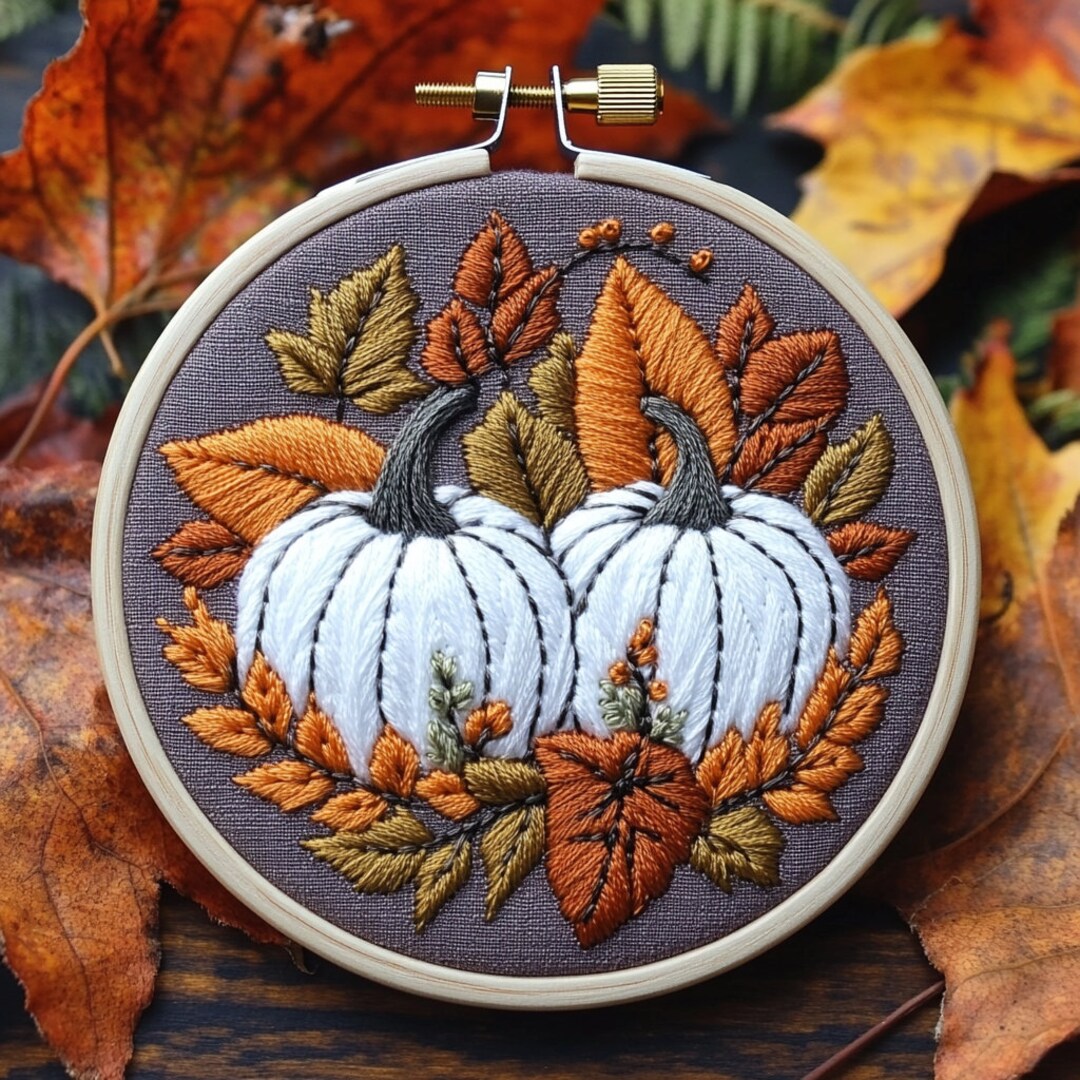 Pumpkin Embroidery Design: Autumn Leaves Scene, Hoop Art (PDF Pattern ...