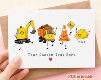 Digital Construction Birthday Card,Printable Download Excavator Party Invitation, Greeting Boy Kid Toddler Celebration Dump Truck Design