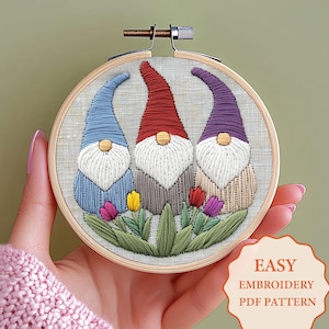 Spring Gnomes Embroidery Craft, Beginner Embroidery Pattern, Spring decor, tulips Embroidery, Wall Decor, Floral embroidery, digital pattern