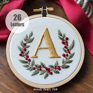 Diseño de letras del alfabeto, adornos navideños, bordado personalizado, adornos para árbol de Navidad con iniciales, bordado a mano, patrón en PDF, diseño de moño