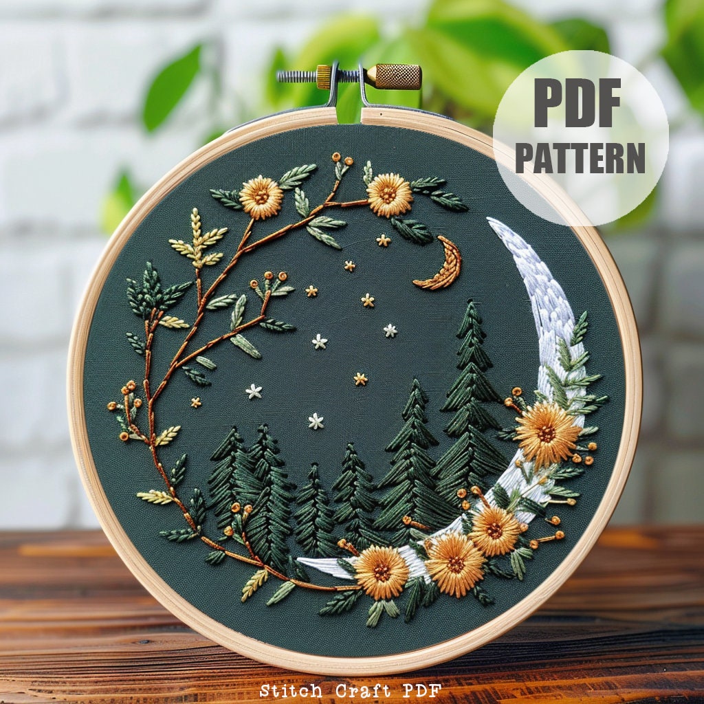 Flower Moon Embroidery Pattern, Instant Download, Floral Celestial Embroidery, Moon Pattern Whimsical Embroidery, Detailed Embroidery Art
