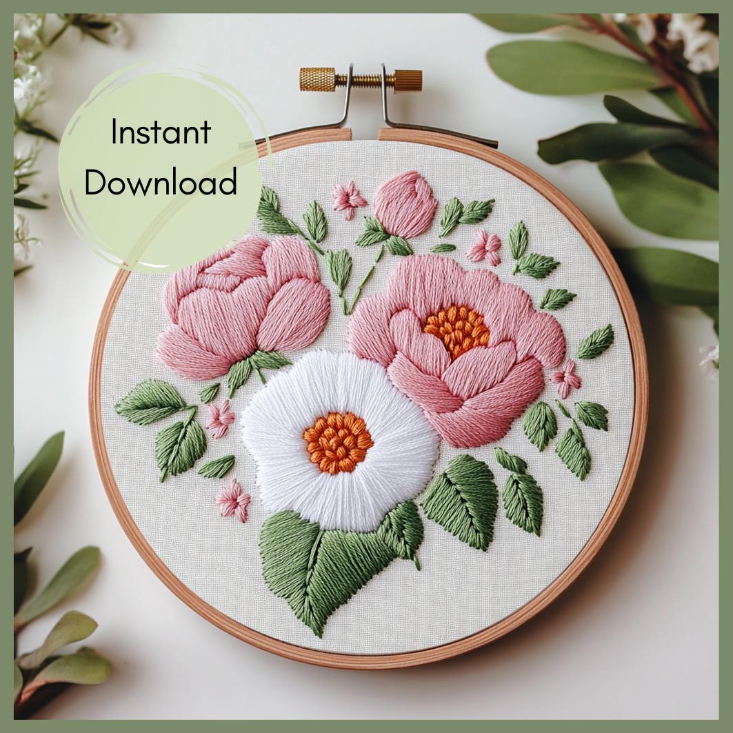 刺繍額 牡丹 ピンクの牡丹の刺繍パターン：花柄の春の装飾（印刷可能なPDFファイル