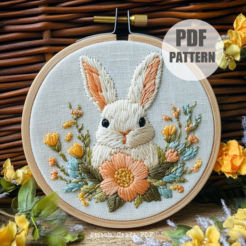 Bunny & Flowers Hand Embroidery Pattern: Spring DIY Craft (PDF Pattern ...
