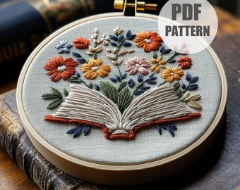 Floral Open Book Embroidery Pattern, Beginner Craft, needlework (PDF Pattern)