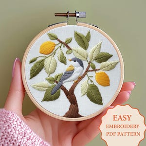 DIY Embroidery Pattern PDF, Bird and lemons Design, Hand Embroidery Hoop Art, Instant Download, Cottagecore Needlework, Floral & Bird Decor