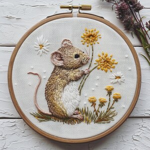 May include: A brown and white mouse embroidered on a white fabric with yellow flowers and green leaves. The embroidery is on a round wooden hoop.