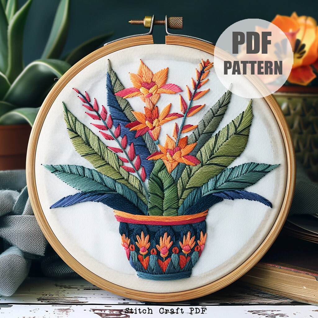 Bromeliad Embroidery Pattern, Instant Download, Botanical Embroidery, Floral Nature Embroidery, Plant Embroidery Design, Floral Embroidery