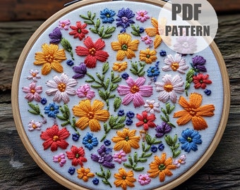 Wildflowers Hand Embroidery Design, Floral Pattern, Digital Download, PDF file, Floral Garden Scene Design, Handmade Gift, Easy embroidery