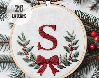 Christmas Alphabet Wreath Embroidery Pattern: Initial Monogram (PDF Pattern)