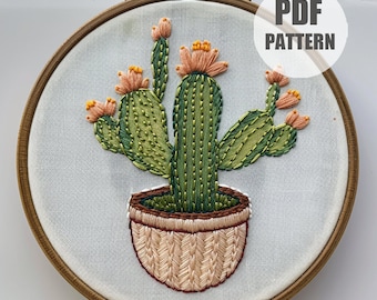 Cactus Embroidery Pattern, potted cactus Embroidery Template, Detailed Embroidery, beginner Embroidery Pattern, Succulent pattern, hoop art