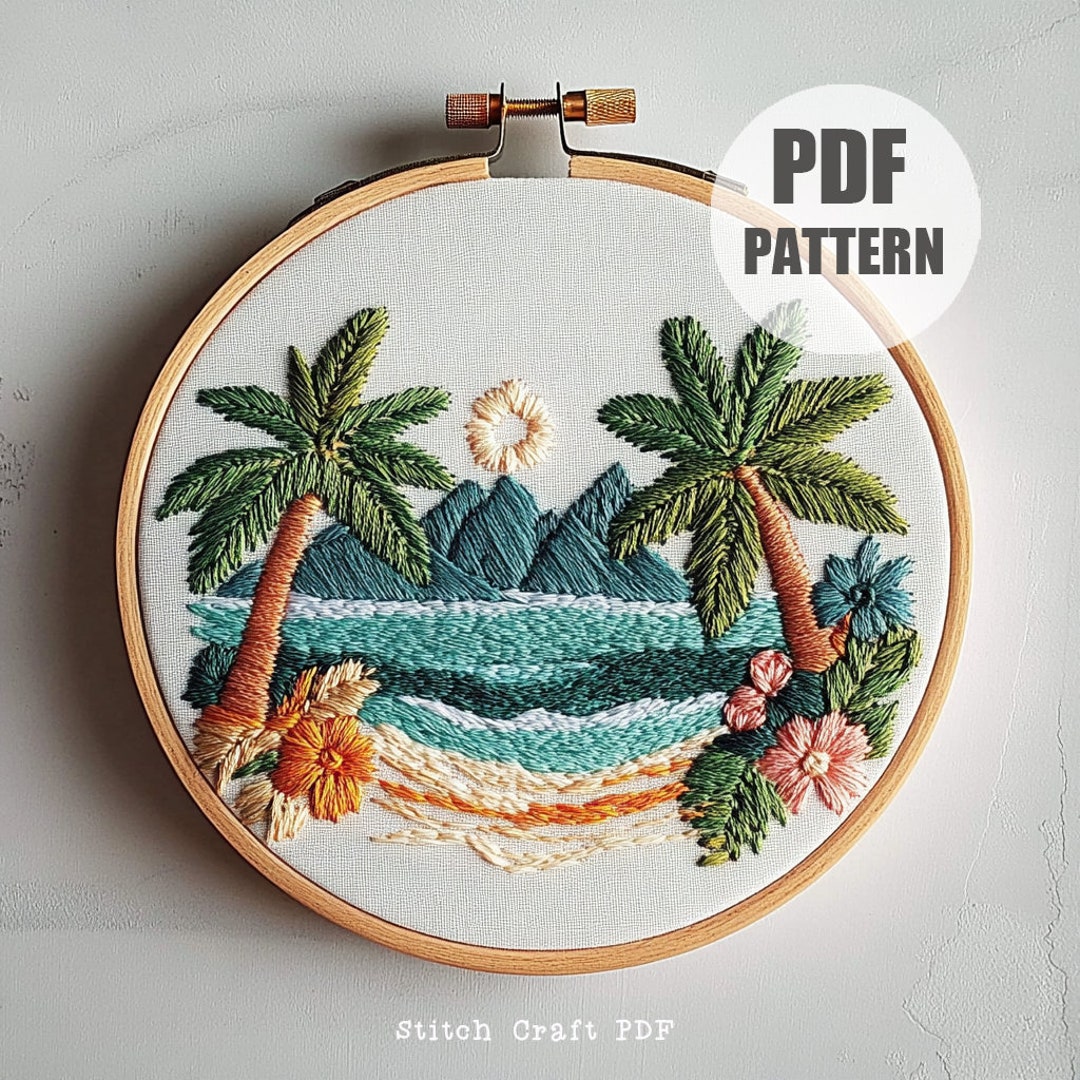 Tropical Beach Hand Embroidery Pattern, Island Seashore (PDF Pattern ...