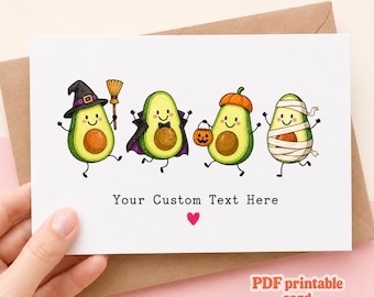 Spooky Avocado Greeting Card Funny Avocado Pun Custom Text Witch Vampire Mummy Printable Template Digital File Spooky Gift Idea