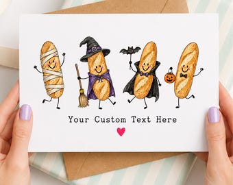 Halloween Baguette Greeting Card Funny Bread Pun Custom Text Mummy Witch Vampire Printable Template Digital File Spooky Gift Idea
