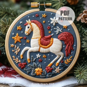 Colourful Horse Embroidery Pattern, Christmas Floral Embroidery Pattern, Christmas animals, Christmas Ornament Embroidery Pattern, hoop art