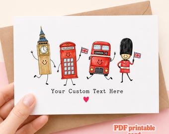 London UK Themed Greeting Card England Travel Souvenir Birthday Gift London Greeting Card Printable Template Customizable Text Gift Ideas