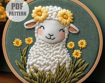 羊の刺繍パターン、初心者向けファームハウス装飾（PDFダウンロード
