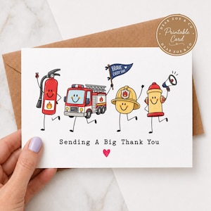 Op de afbeelding: Een witte wenskaart met een cartoonillustratie van een rode brandblusser, een rode brandweerwagen, een gele brandweerhelm en een rode brandkraan, allemaal met lachende gezichten. De tekst luidt "Sending A Big Thank You" met een klein rood hartje.