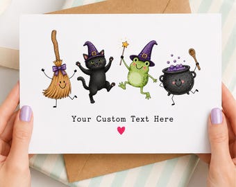 Haunted Greeting Card Cute Witchy Custom Text Black Cat Broom Frog Cauldron Printable Template Digital File Spooky Gift Idea