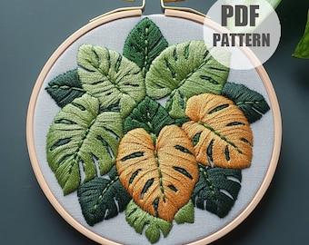 Tropical plants embroidery pattern, DIY monstera leaves, wall decor, modern embroidery, DIY gift idea, housewarming, botanical embroidery