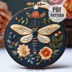 Dragonfly Floral Embroidery Pattern, Folk Art DIY, insect design (PDF Pattern)
