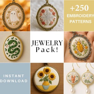 Peut inclure: Collection de pendentifs et boucles d'oreilles brodés. Les motifs incluent un fantôme, des roses, un serpent, un scarabée, des tournesols et un homard. Le texte "JEWELRY Pack!" et "+250 EMBROIDERY PATTERNS" sont également visibles.