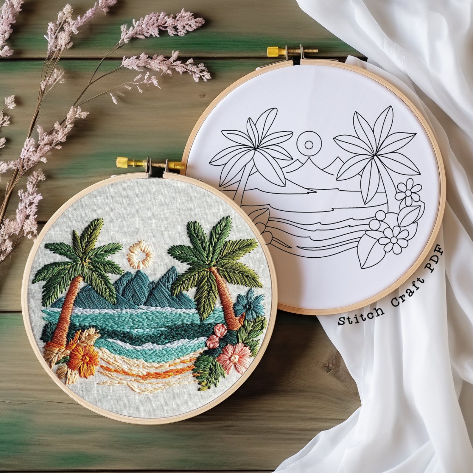 Tropical Beach Hand Embroidery Pattern, Island Seashore (PDF Pattern ...