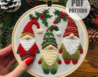 Christmas Gnomes Embroidery, Winter Embroidery Designs, Hand Embroidery Pattern, PDF Digital Download, Beginner friendly, Christmas ornament