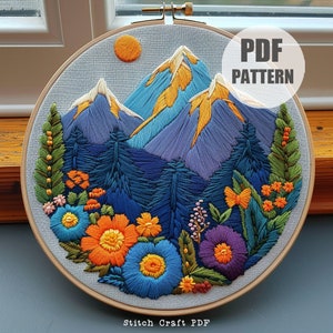 Mountain hand embroidery, embroidery pattern, landscape embroidery, floral art, PDF Pattern, Embroidery Project, Instant Download, Hoop Art