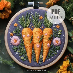 Carrots and Flowers Hand Embroidery Pattern: Beginner Friendly (PDF Pattern) spring stitching template, easy