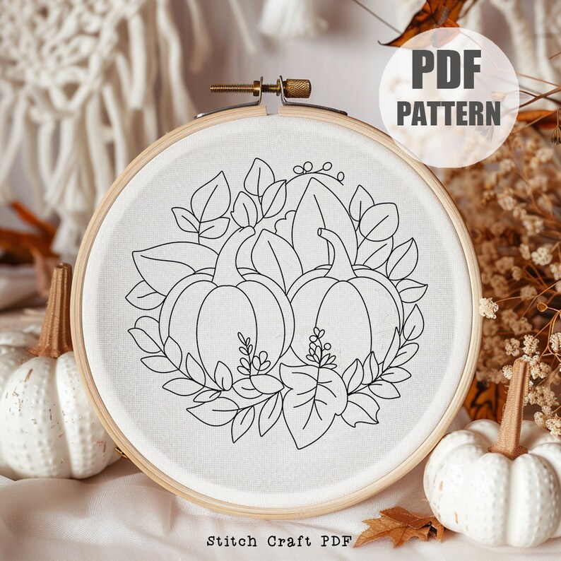 Pumpkin Embroidery Design: Autumn Leaves Scene, Hoop Art (PDF Pattern ...