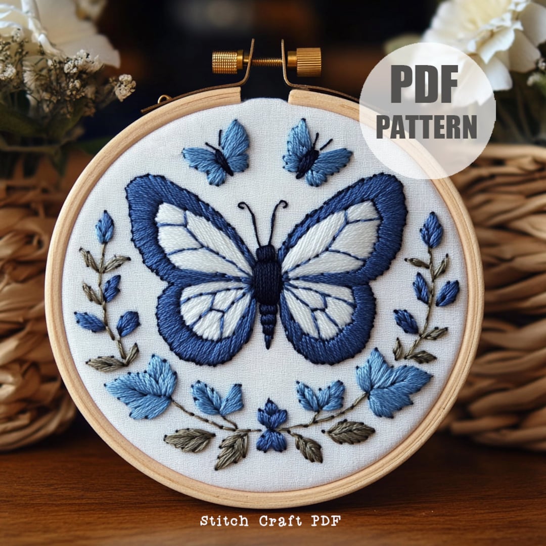 Blue Butterfly Embroidery, PDF Pattern, Fresh Flowers, Floral ...