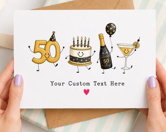 50th Birthday Card, For Men Male Milestone Custom Text Printable Template Digital Download PDF Husband Dad Brother Gift Idea Black Gold