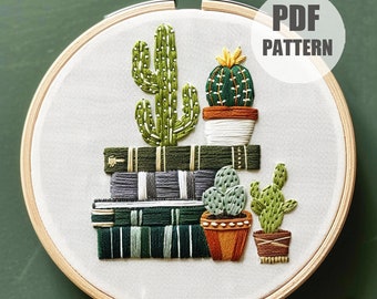 Cactus hand embroidery, embroidery pattern, Book embroidery, Book lovers gift, PDF Pattern, Embroidery Project, Instant Download, Hoop Art