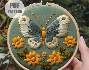 Butterfly Embroidery Pattern, Floral needlecraft Design, hoop art (PDF Pattern)
