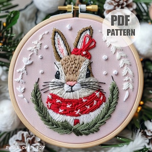 Winter Bunny Hand Embroidery, Modern rabbit craft, Christmas decor, christmas Bunny pattern, DIY winter Decor, Cute Bunny Embroidery Pattern