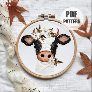 Cow with Flowers Embroidery Pattern, Floral cow Embroidery Design, modern home decor, DIY farm embroidery, Animal embroidery, soft design