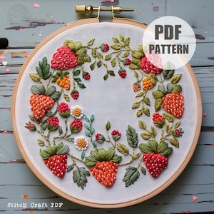 Strawberries wreath hand embroidery, embroidery pattern, fruit embroidery, wreath pattern, PDF Pattern, Embroidery Project, Instant Download