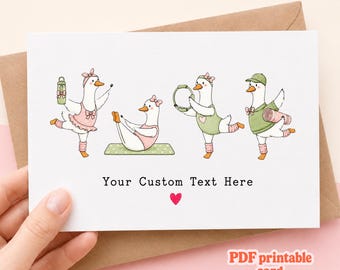 Yoga Goose Greeting Card Funny Fitness Pun Custom Text Dancing Goose Ballet Printable Template Digital File Yoga Lover Gift