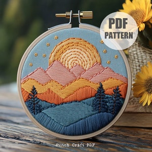 Landscape Mountain View Hand Embroidery Design, PDF Pattern, Digital Download, Abstract Sunset Scene Design, Handmade Gift, sunshine design