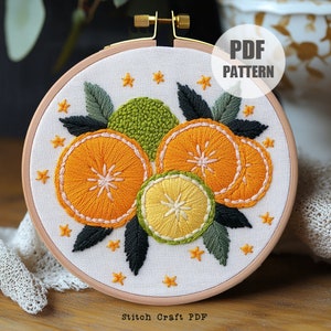 Summer Citrus Embroidery, PDF Pattern, Digital Download, Fruit Craft, Embroidery art, DIY Fruit Art, Gift for Gardener, printable embroidery