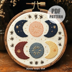 Moon embroidery, PDF Pattern, Celestial Embroidery, Beginners Embroidery, Crescent Moon Pattern, DIY Embroidery, Hand Embroidery,moon phases