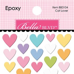 May include: Epoxy stickers featuring a variety of colorful heart shapes in pink, purple, blue, green, yellow, and orange. The stickers are arranged on a white background. The package includes the text "Bella Blvd" and "Cat Lover".
