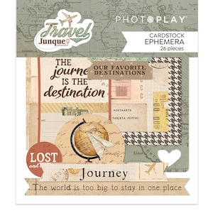 May include: A set of 26 vintage-style travel themed paper ephemera for scrapbooking and crafting. The ephemera features a globe, a plane, and the text "The journey is the destination".